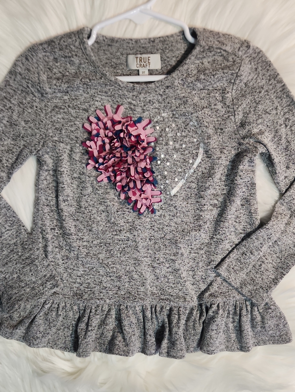 True Craft Gray Knit Long-Sleeve Top with Pink Floral Cluster - Girls Size 3T